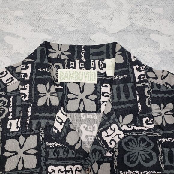 Bambu You Hawaiian Shirt Mens Large Black Geo Print Short Sleeve Bamboo‎ Blend - Picture 3 of 11
